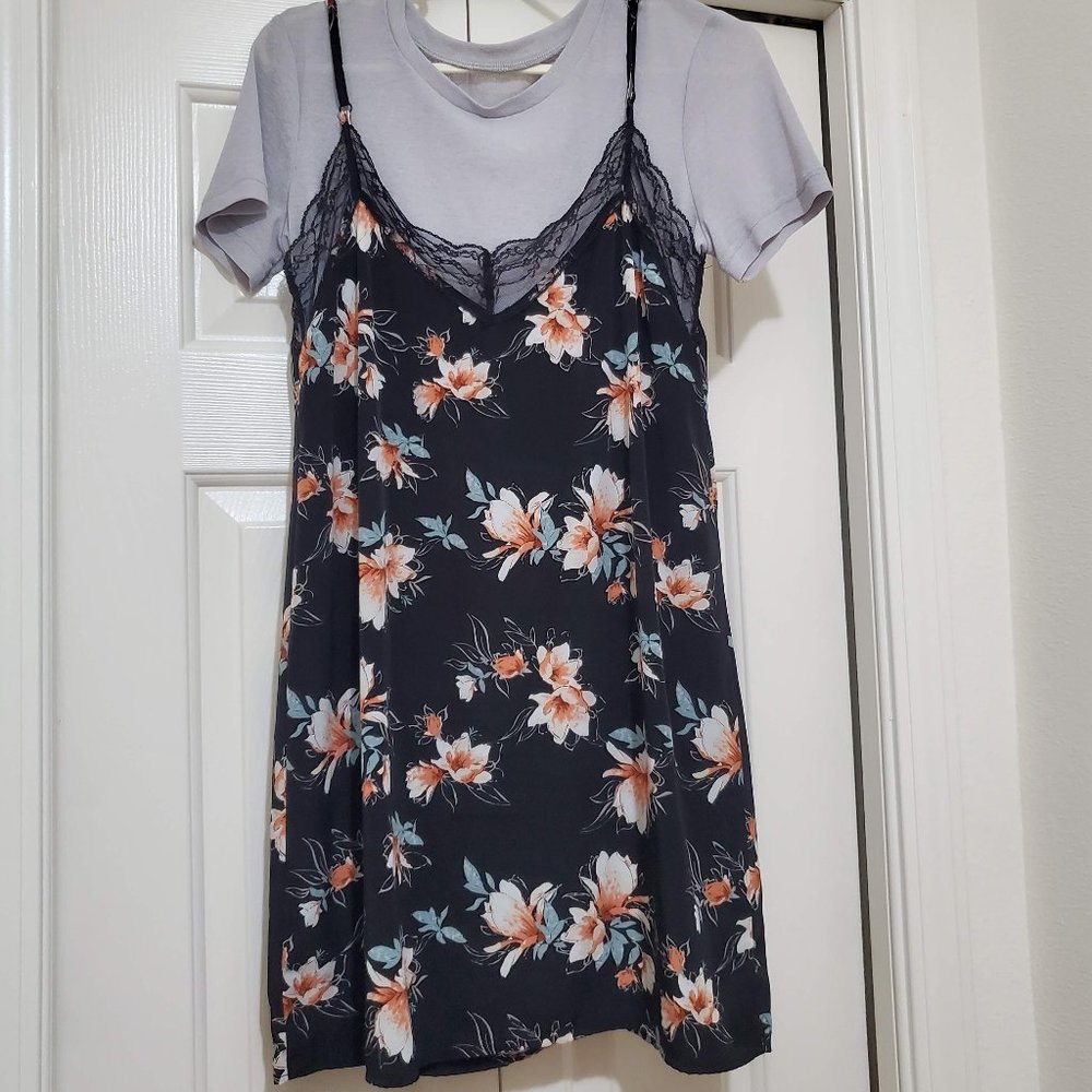 Two-piece black floral lace dress and gray top